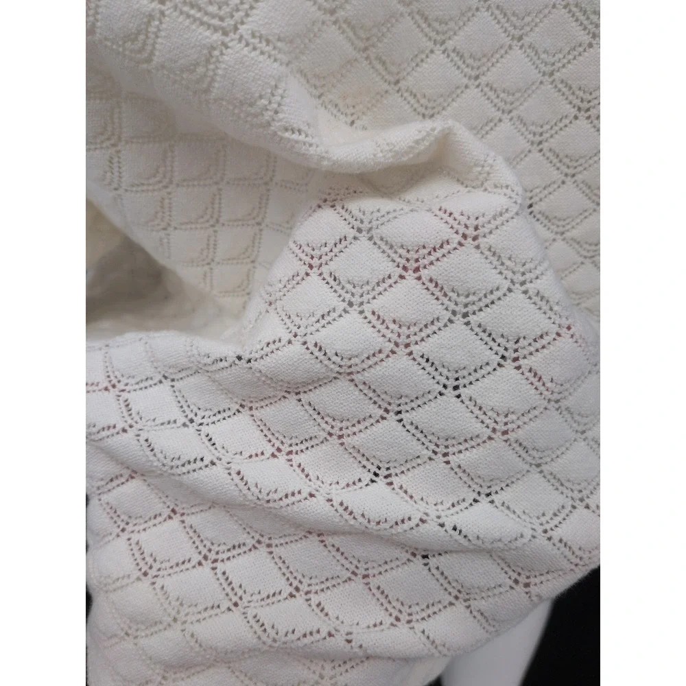 LOFT Ivory Pointelle Diamond Knit Top Puff Sleeve Feminine Cottage Dainty XLarge